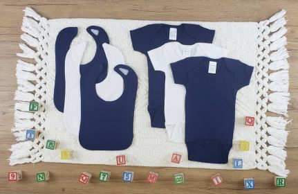 6 Pc Layette Baby Clothes Set (Color: White/Navy, size: large)