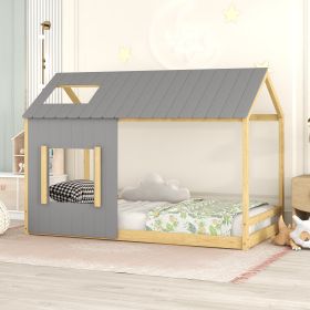 Twin Size House Bed with Roof and Window (Color: Gray+Natural)